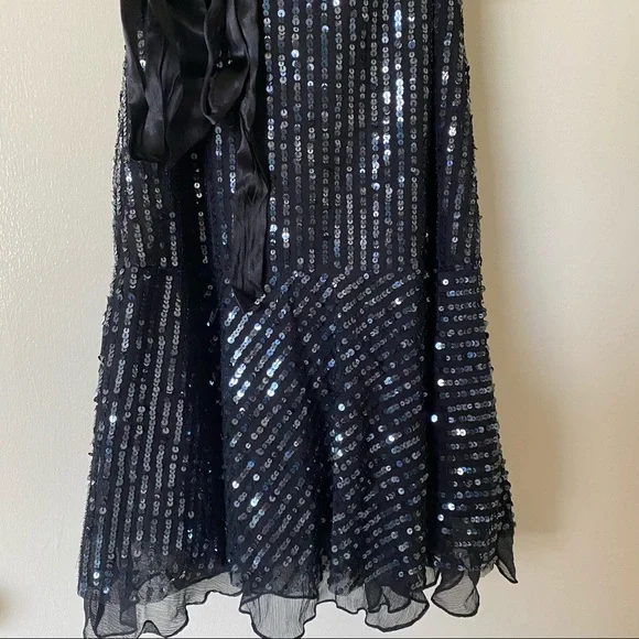 BCBG Maxazria black sequin mini party dress spaghetti strap silk bow Small S - Picture 4 of 8